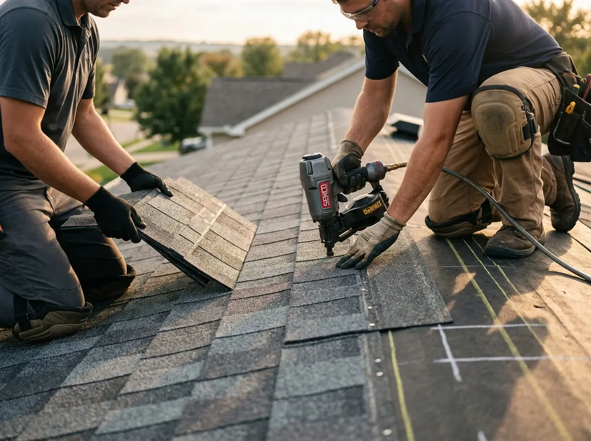 Professional roofer working on a residential roof in San Martin